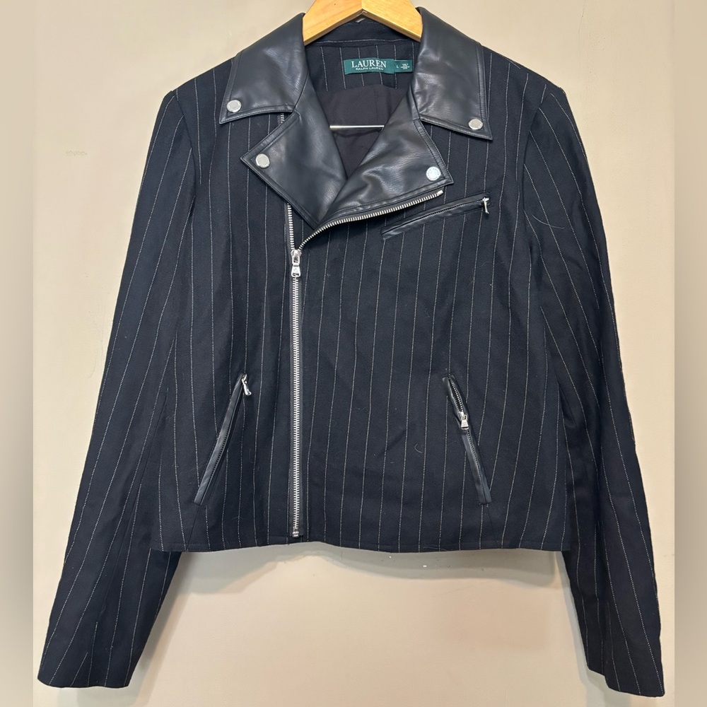 RALPH LAUREN Wool Blend Lined Pinstripe Moto Vibes Jacket Blazer, Faux Leather